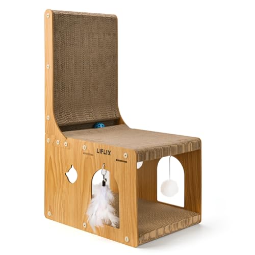 LIFLIX L-Shaped Double-Layer cat Scratching Board, Cardboard cat Scratching Post with Toys, Cat Scratcher & Hideaway for Indoor Cats to Scratch, Rest and Play
