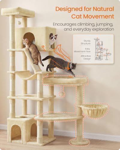 Feandrea Large Cat Tree, 74.1" Tall Sturdy Cat Tower for Indoor, Beige - color: Beige, size: 41.3"L x 17.7"W x 74.1"H