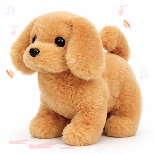 Hopearl Walking Dog Golden Retriever Interactive Electronic Pet Plush Toy Puppy Woof and Moving Animated Nodding Head Gifts for Toddlers Birthday, Dark Brown, 7'' - style: Dog-Dark Brown