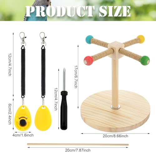 3 Pcs Bird Training Stand Kit, Parrot Training Clicker Portable Tabletop Bird Perch and Target Stick, Wooden Spin Perch Clickers with Wrist Strap for Parakeet Conure Lovebird Cockatiel (Spin) - style: Spin