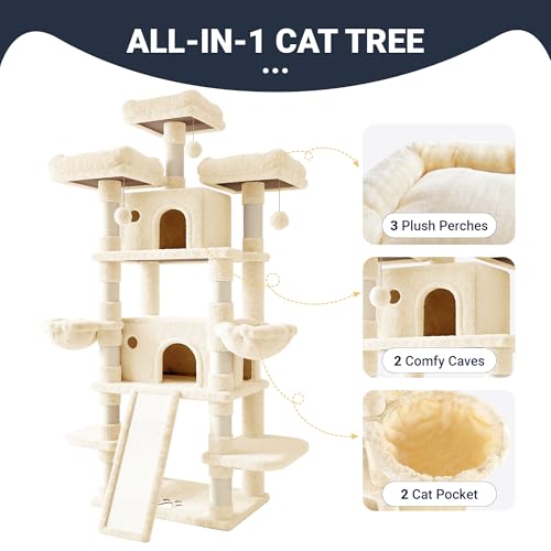Allewie 82 Inches Large Cat Tree/House/XXL Tall Cat Towers for Big Feline/Scratching Post/Multi-Level Large Kitty Climbing Tree with Condo/Beige - color: Beige, size: 82 in