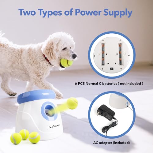 PetPrime Dog Automatic Ball Launcher Dog Interactive Fetch Toy Pet 2'' Thrower Throwing Game 3 Tennis Balls Tennis Mini Size Ball Launcher for Dogs Included Launch Distance 10-30ft