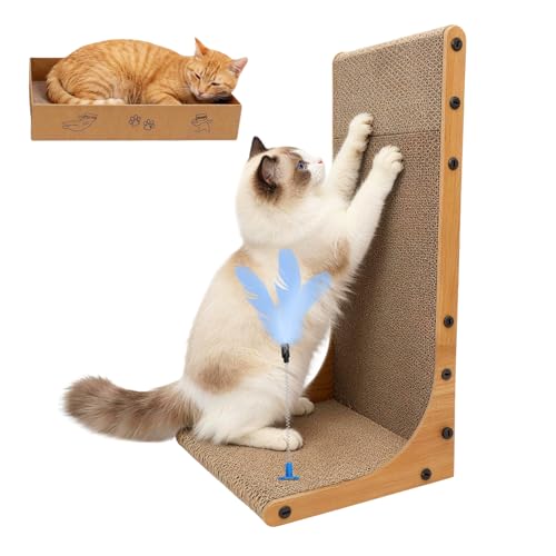 Goosheep 22in L-Shaped Cat Scratcher 2-in1 Scratching Board for Indoor Cats Protecting Furniture Cardboard Box Scratch Pad, Scratching Posts with Feathered Toy - color: 1pk 22in L-Shape Cat Scratcher with Box