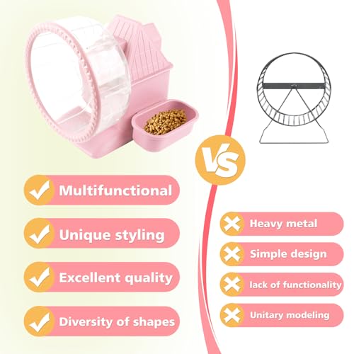 Silent Hamster Wheel Multifunctional Hamster Wheel Quite Running Spinner Wheel Accessories with Food Bowl Water Bottle for Hamsters Dwarf Gerbil (Pink) - color: Pink
