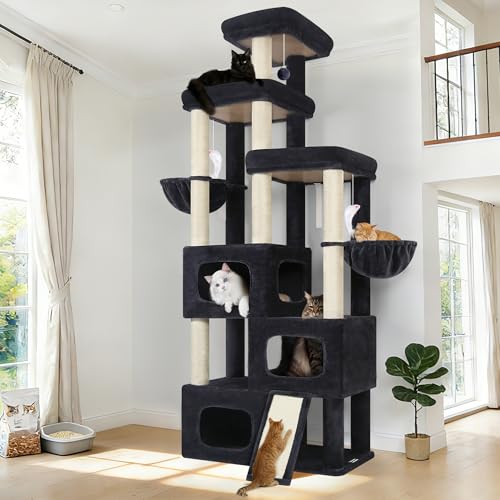 Globlazer 85 Inch Tall Cat Tree for Large Cats, Multi-Level Cat Tower for 4+ Cats with 3 Condos, 2 Hammocks & Sisal Posts, Heavy Duty Cat Tree Tower for Maine Coon, S85, Dark Grey - color: Dark Gray, size: 85 Inch