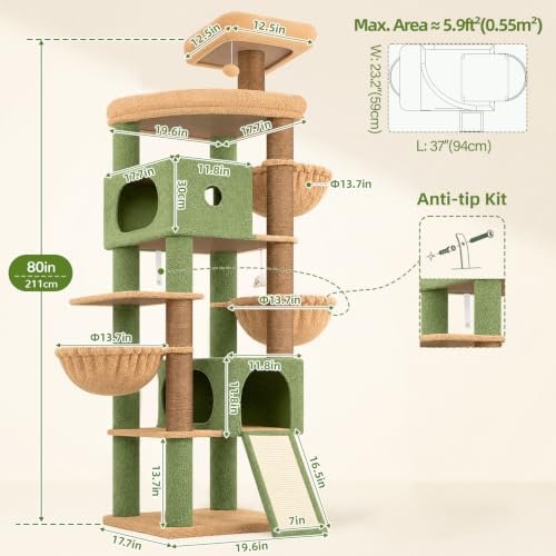 Globlazer Cactus Extra Tall Cat Tree for Large Cats, Heavy Duty Tower, F83C - color: Green