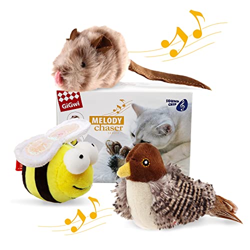 Gigwi 3 Pack Automatic Cat Toys, Interactive Squeaky Toys for Cats Inddoor - color: Bird+Mouse+Bee
