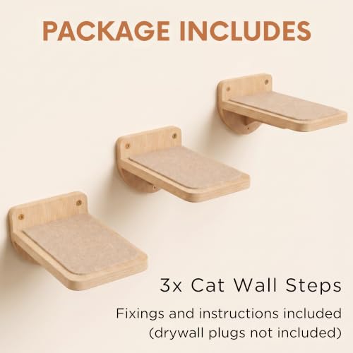 INICIO Cat Wall Steps - 3 Pack of Stairs for Cats to Climb - Natural Wood