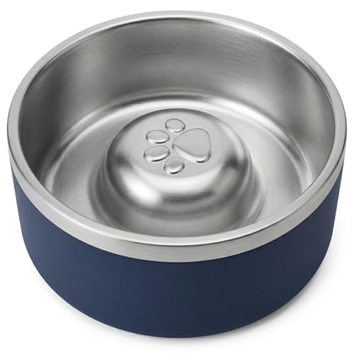 Stainless Steel Slow Feeder Dog Bowl, Heavy Duty Thickened Metal Dog Bowl, Non-Slip Base, Dishwasher Safe, Anti Gulping Feeding Bowl for Small to Medium Dogs & Cats, 56 oz, Dark Blue - color: Dark blue