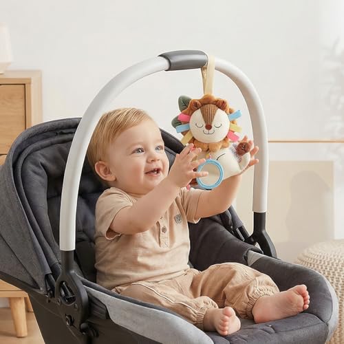 TYRY.HU Car Seat & Stroller Activity Toy,Soft Plush Cot Hanging Toy, Baby Rattle Toy with Strap,Developmental Sensory Toy-Textured Ribbons&Teether&Mirror&Crinkle Sounds for Infants 0 3 6 12 Months - color: B: Lion Stroller Toy