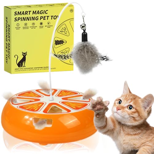 Puffluv Interactive Cat Toy,2 in 1Fruite Shape Toys with Electric Moving Concealed and Hanging Feathers Pop and Play Hide Seek, Hunting,Tpye-C Rechargeable-Orange - color: ORANGE