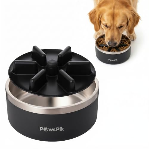 PawsPik Stainless Steel Double Wall Slow-Feed Puzzle Dog Bowl, 64-oz, Black - color: Eclipse Shadow Black