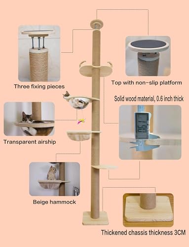 Floor-to-Ceiling Cat Tree with Natural Sisal Rope Scratching Post - Adjustable Height (55-119 Inches) - Modern Cat Activity Tree, Cat Scratcher Post - size: 4-Tier Cat Tree