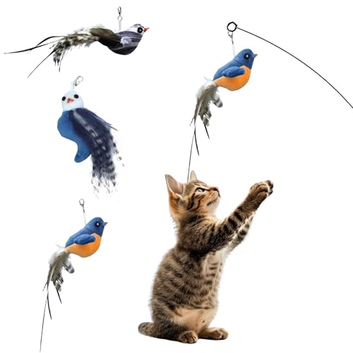 Chirping Bird Replacement Heads for Cat Toys - Set of 3 - Realistic Calling Bird Sounds, Vibrant Feather Designs, Easy Clip-On for Endless Fun - style: Chirping Bird Cat Toy Refill, 3 Pack