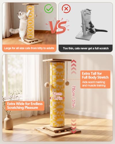 Odoland 31" Tall Large Cat Scratching Post with Replaceable Scratcher Pad - color: Sunflower