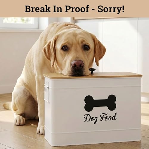 Metal Dog Food Container 15-20 lbs w/ Airtight Bamboo Lid, 70 Cup Capacity - color: White: Bone