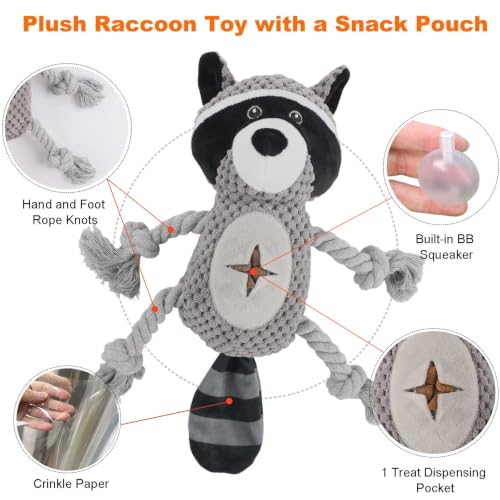 Dog Squeaky Chew Toy, Plush Crinkle Rope Dog Toy - Gray Raccoon - color: Gray Raccoon