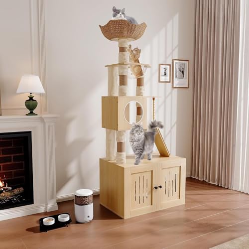 Garvee Tall Cat Tree with Litter Box Enclosure, 66.9-Inch Cats Condo, Multi-Level Perch & Scratching Posts for Cat - color: Wood