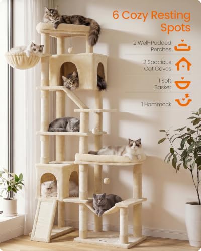 Feandrea Large Cat Tree, 79.5" Tall Sturdy Cat Tower for Indoor, Beige - color: Beige, size: 41.3"L x 17.7"W x 79.5"H