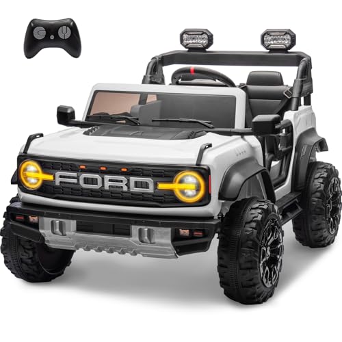 24V 2 Seater Ride On Toys for Kids, Licensed Ford Bronco Raptor Electric Ride On Car w/Remote Control, Safety Belt, LED Lights, Spring Suspension, Bluetooth Music, 3 Speed, White - color: White