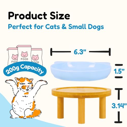 Elevated Ceramic Cat Bowls with Bamboo Stand for Cat Bowl, Whisker Friendly Shallow Cat Plate, Stable Raised Cat Food Riser for Indoor Cats (Blue, Set of 1) - color: Blue Plate with stand
