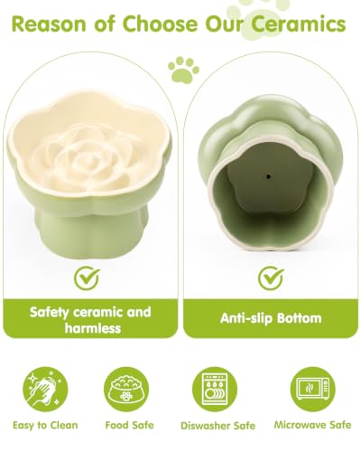 Ceramic Elevated Slow Feeder Cat Bowl Set with Feeding Mat & Measuring Scoop, Raised Tilted Puzzle Bowl for Cats & Small Dogs, Whisker Friendly Pet Feeding Dish for Dry Wet Food (Green) - color: Green