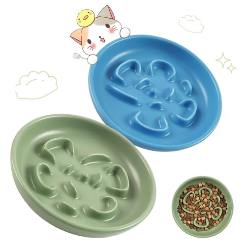 Cat Slow Feeder Bowl Set,2 Pcs Pastel Series Cat Plate for Dry and Wet Food - color: Blue and Green-A