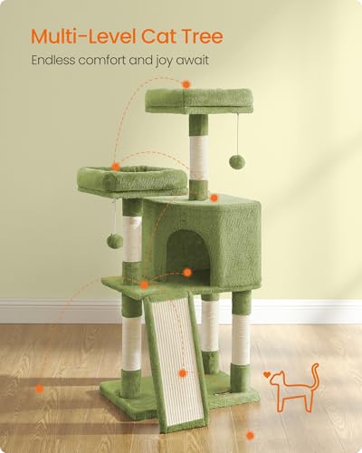 Feandrea Cat Tree, 45.3-Inch Cute Cat Tower, Plush Climbing Condo, Green - color: Grass Green