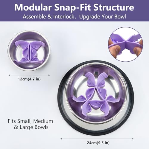 Silicone Dog Slow Feeder Bowl Insert with Suction Cups, Cuttable Food-Grade Lick Mat Divider Fits Stainless Steel Ceramic Glass Dog Bowls, Helps Slow Down Eating, Purple - color: Purple