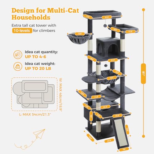 MUTTROS 81" Heavy Duty Cat Tree for Large Cats, Tall Cat Tower, Dark Gray - color: Dark Grey, size: 81in