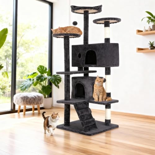 BestOffice 54" Cat Tree with Toy, Multi-Level Cat Tower Indoor Dark Gray - color: Dark Gray, size: 54 Inch
