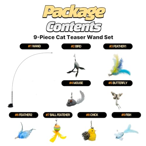 Cat Wand Toy with Suction Cup, Including 8Pcs Refills (Bird, Feather, Mouse, Butterfly, Ball, Chick, Fish), and can be Used as Individual Wands When Detached