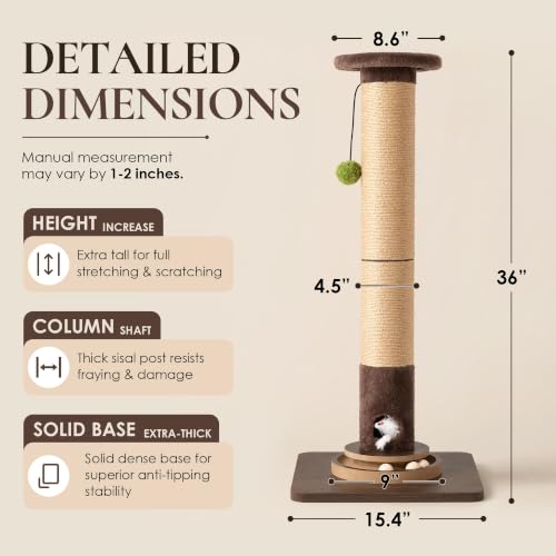 36" Cat Scratching Post, Extra-Thick Natural Sisal Scratcher Post
