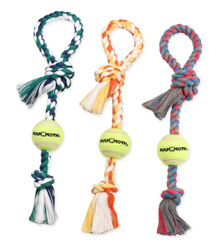 Mammoth Flossy Chews Color 3 Knot Tug with Tennis Ball Premium Cotton-Poly Tug Toy for Dogs Interactive Dog Tug Toy Rope Dog Toy with Tennis Ball for Small to Medium Dogs Medium 20" - Assorted Colors - size: Medium (20 in), style: Pull Tug with Tennis Bal