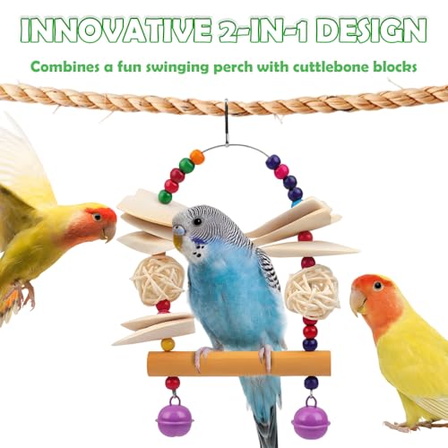 Parrot Cuttlebone Swing Toy – 2-in-1 Hanging Perch with Natural Wood Slices, Rattan Balls & Colorful Beads – Calcium-Rich Chewing Station for Cockatiels, Budgies, Parakeets