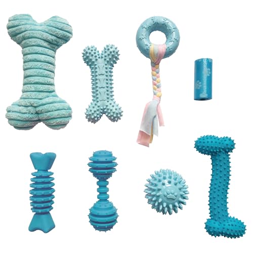 PetLike 8PCS Puppy Teething Toys Set - Interactive Dog Chew Toys with Ball & Cotton Ropes Safe & Durable Teething for Small Puppies(Blue) - color: Blue