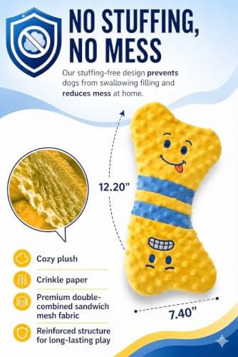 No stuffing Squeaky Dog Toy - Crinkle Dog Toy, Soft Plush Bone, Yellow