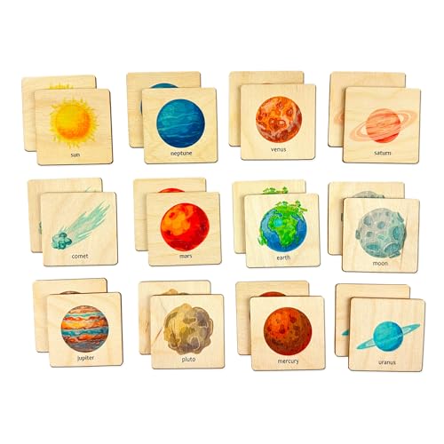 Montessori Wooden Space Memory Game, Solar System Matching Cards, Homeschool Preschool Kindergarten Activity, First Birthday Gift, Flashcard for Toddlers, Niece Gift, Preschool Materials (4.5x4.5cm) - size: 1.8x1.8"(4.5x4.5cm), style: Spaces