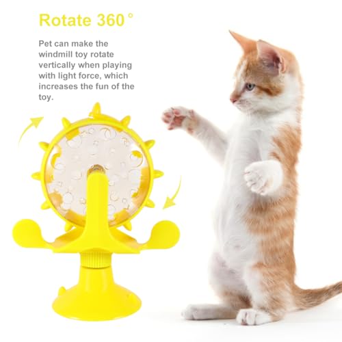 Cat Feeding Toy Rotating Windmill Treat Dispenser Interactive Pet Slow Food Toy with Food Leakage Hole Helps Slow Eating and .11 X 1.57 X 6.69 in - color: Yellow