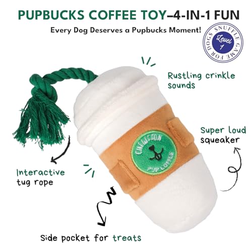 CHEWFFON Squeaky Dog Toy, Interactive Plush Tug & Treat Toy - style: Pupcoffee