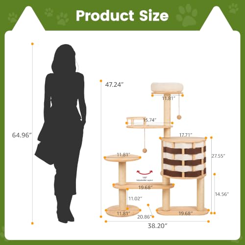 48 Inch Solid Wood Cat Tree, Modern Cat Tower for Indoor Cats, Chessboard Style Cat Condo with Guardrail Perch, Sisal Scratching Posts, Washable Cushion, Hanging Balls, Natural