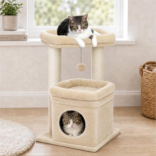 PEQULTI Small Cat Tree Tower for Indoor Cats, Sisal Post & Cozy Condo Beige - color: Beige, size: M(15.7"L x 15.7"W x 26.7"H)