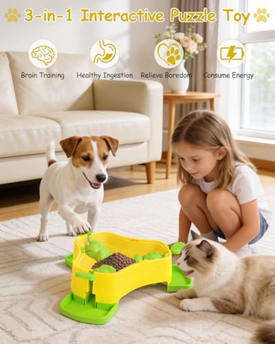 Dog Puzzle Toy, 3-in-1 Interactive Dog Puzzle Toys Press-Type Dog Treat Dispenser Toy Dog Enrichment Toy No-Slip Dog Slow Feeder Interactive Brain Training Toy for Smart Dog Cat, Green - color: Green+Yellow