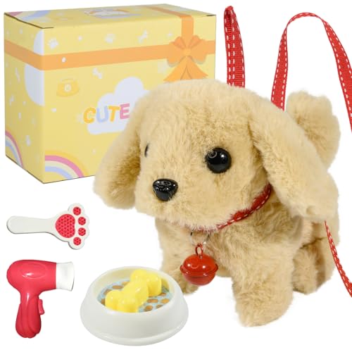 Plush Toys Walking Dog Toys that Can Walk, Bark and Wag Tail,Interactive Electronic Pet Toys Puppy with Leash,Easter Christmas Birthday Gift for Toddlers Kids - color: Golden Hair