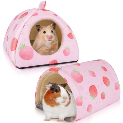 Bienbee Guinea Pig Hideout, 2 Piece Washable Set for Small Animals Small - color: Pink Strawberry, size: Small(7.3"L x 7.3"W x 6.7"H)