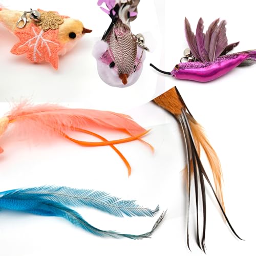 miwoowim 35" Steel Wire Cat Wand Toy & 6PCS Realistic Feather Bird Refills - color: Cat Wand Toy Birds