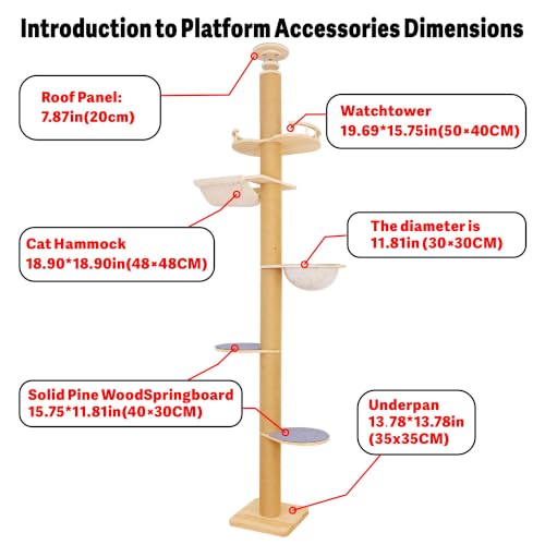 Floor to Ceiling Cat Tree Height (50-120.5in) Adjustable Cat Tower 5 Tier Hemp Scratching Post High Cat Tree Sturdy Activity Tree Indoor Outdoor Cat Scratching Post Activity Center - size: 5-tier cat tree