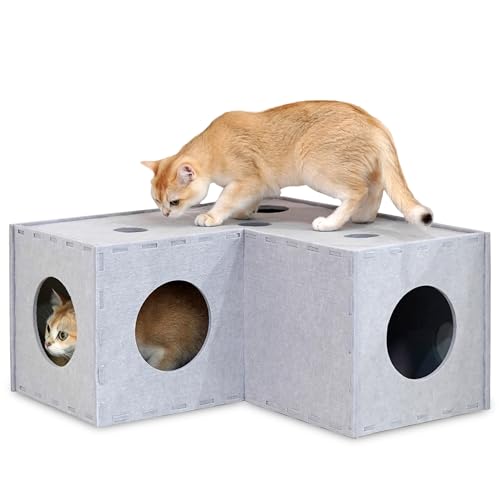 PETKARAY Cat Tunnel, Original Cat Hideaway Cave for Indoor Cats, Large Kitten Play Tubes and Tunnels, Soft Felt Cat Toy with Interactive Peek Hole, Grey L Shape - color: Grey, size: L-shape Tunnel