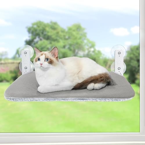 Sunhoo Cat Window Hammock Perch Cordless Perches Window Sill Seat Bed Foldable Stable Lounger Upgraded Suction Cup Easy Assembly Indoor Cats Kitty Shelf Hold Up to 55lbs (Light Gray, S) - color: light gray, size: S
