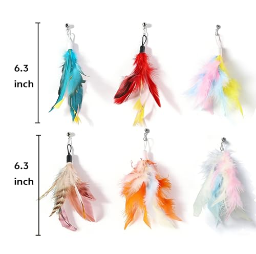 12 Pack Cat Feather Toy Refills,Natural Cat Wand Replacement Feathers with Bell,Colorfull Wand Attachment Feather Toys for Indoor Cats